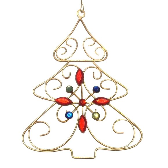 Gold Brass Christmas Tree Ornament With Colorful Gem Rhinestones Swirls 5" - Picture 1 of 5